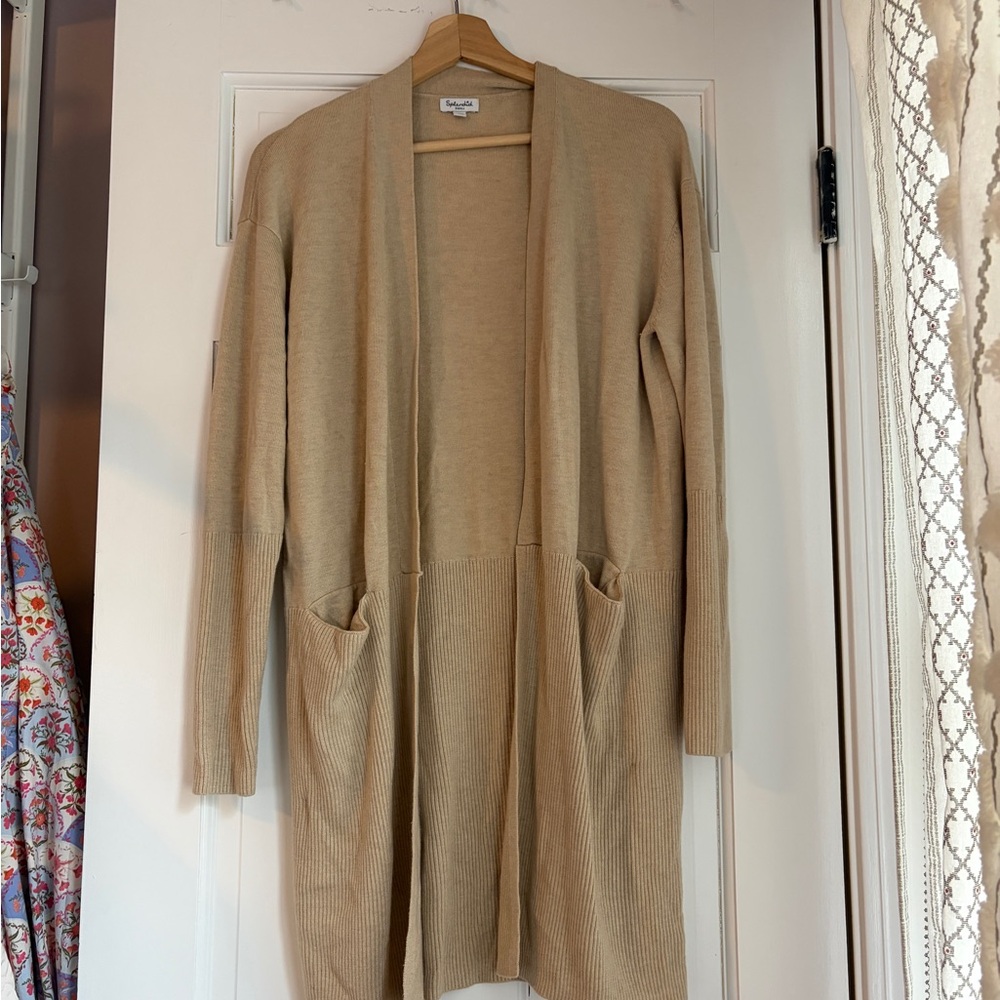 Splendid Tan Open-Front Long Cardigan with Pockets